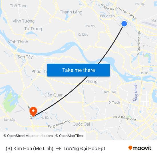 (B) Kim Hoa (Mê Linh) to Trường Đại Học Fpt map