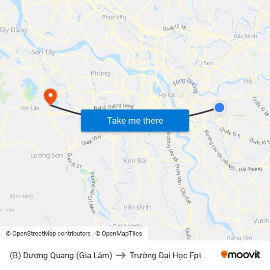 (B) Dương Quang (Gia Lâm) to Trường Đại Học Fpt map