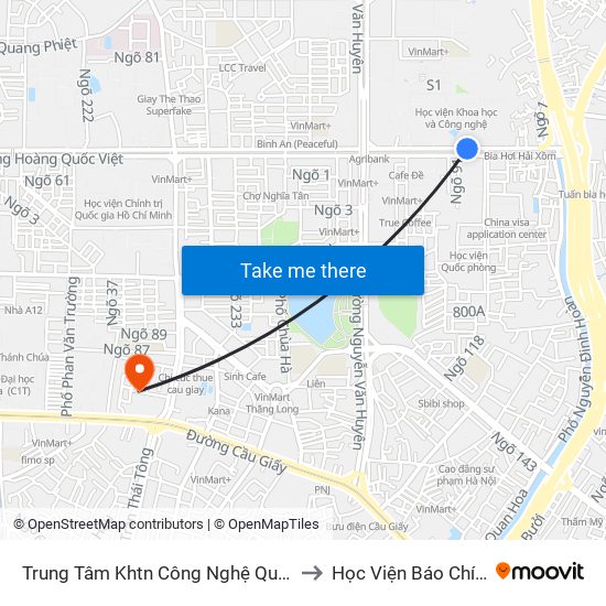 Trung Tâm Khtn Công Nghệ Quốc Gia - 18 Hoàng Quốc Việt to Học Viện Báo Chí Và Tuyên Truyền map