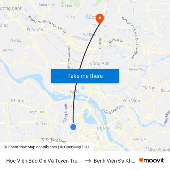 Học Viện Báo Chí Và Tuyên Truyền - 36 Xuân Thủy to Bệnh Viện Đa Khoa Sóc Sơn map