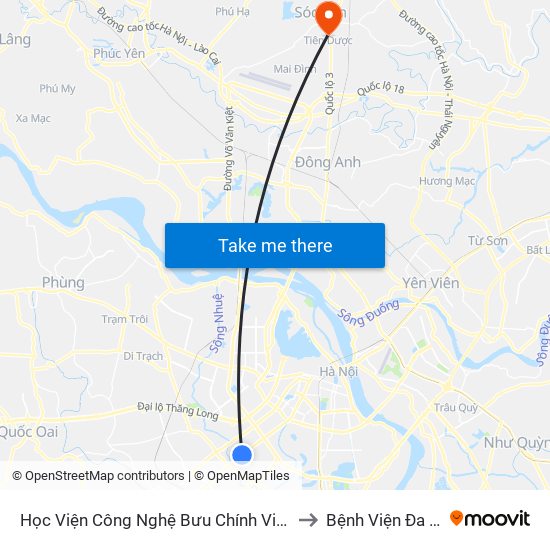 Học Viện Công Nghệ Bưu Chính Viễn Thông - Trần Phú (Hà Đông) to Bệnh Viện Đa Khoa Sóc Sơn map