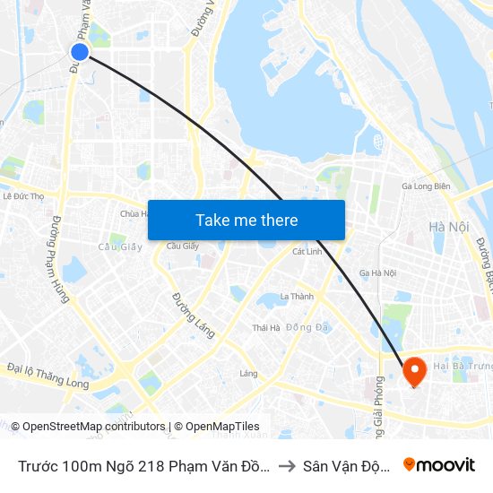 Trước 100m Ngõ 218 Phạm Văn Đồng (Đối Diện Công Viên Hòa Bình) to Sân Vận Động Bách Khoa map