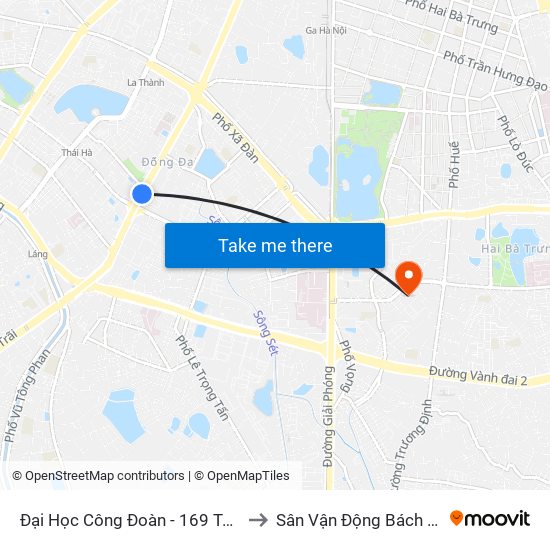 Đại Học Công Đoàn - 169 Tây Sơn to Sân Vận Động Bách Khoa map