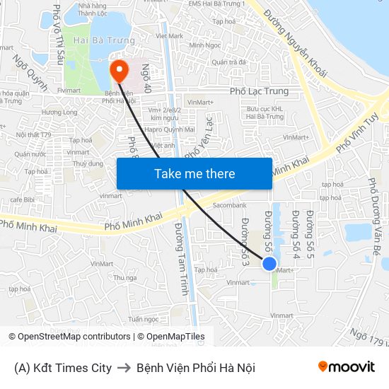 (A) Kđt Times City to Bệnh Viện Phổi Hà Nội map