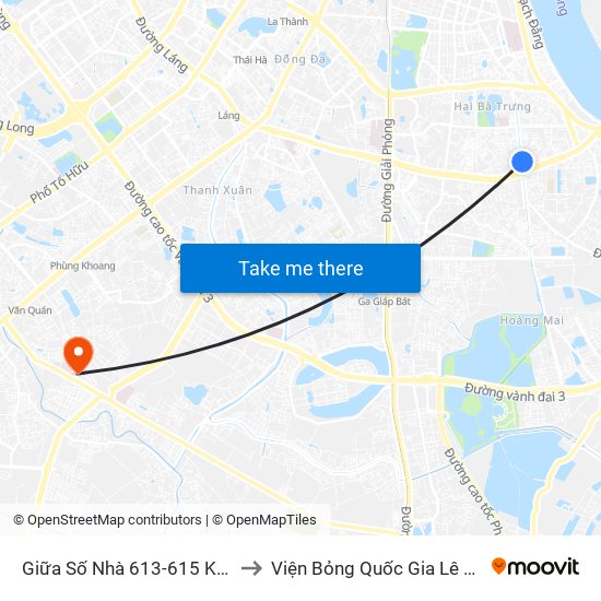 Giữa Số Nhà 613-615 Kim Ngưu to Viện Bỏng Quốc Gia Lê Hữu Trác map