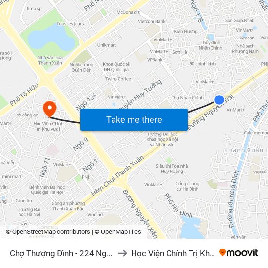 Chợ Thượng Đình - 224 Nguyễn Trãi to Học Viện Chính Trị Khu Vực I map