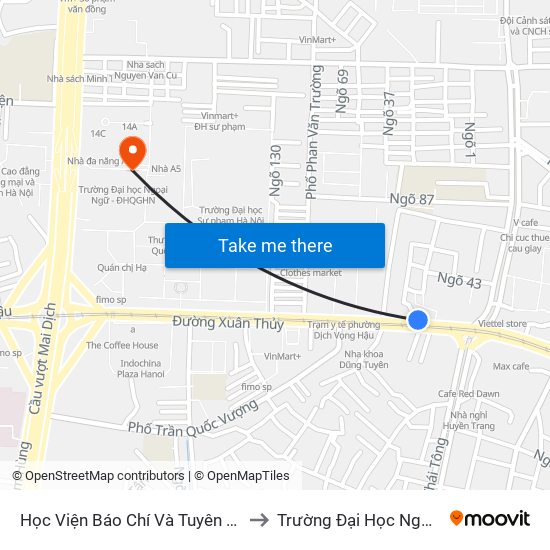 Học Viện Báo Chí Và Tuyên Truyền - 36 Xuân Thủy to Trường Đại Học Ngoại Ngữ - Đhqghn map