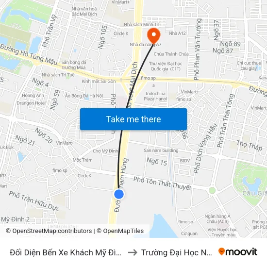 Đối Diện Bến Xe Khách Mỹ Đình - Phạm Hùng (Cột Trước) to Trường Đại Học Ngoại Ngữ - Đhqghn map