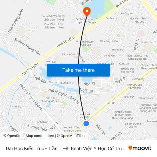Đại Học Kiến Trúc - Trần Phú (Hà Đông) to Bệnh Viện Y Học Cổ Truyền Bộ Công An map