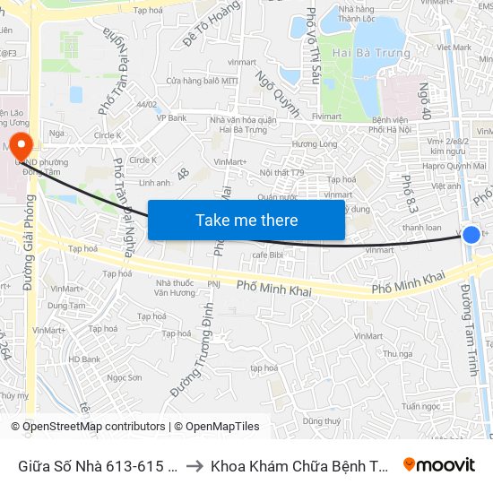 Giữa Số Nhà 613-615 Kim Ngưu to Khoa Khám Chữa Bệnh Theo Yêu Cầu map