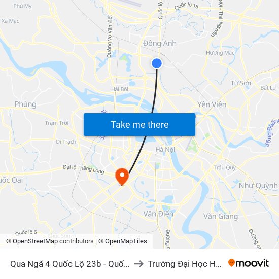 Qua Ngã 4 Quốc Lộ 23b - Quốc Lộ 3 to Trường Đại Học Hà Nội map