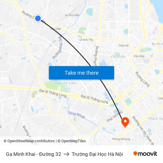 Ga Minh Khai - Đường 32 to Trường Đại Học Hà Nội map