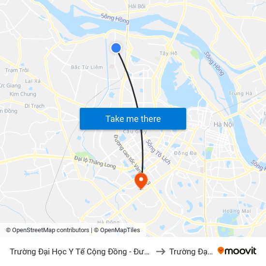 Trường Đại Học Y Tế Cộng Đồng -  Đường Đức Thắng - Phường Đông Ngạc to Trường Đại Học Hà Nội map