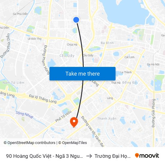 90 Hoàng Quốc Việt - Ngã 3 Nguyễn Văn Huyên to Trường Đại Học Hà Nội map