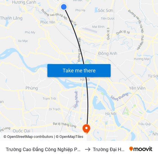 Trường Cao Đẳng Công Nghiệp Phúc Yên (Chiều Về) to Trường Đại Học Hà Nội map