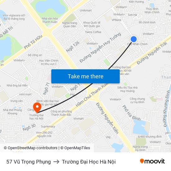 57 Vũ Trọng Phụng to Trường Đại Học Hà Nội map