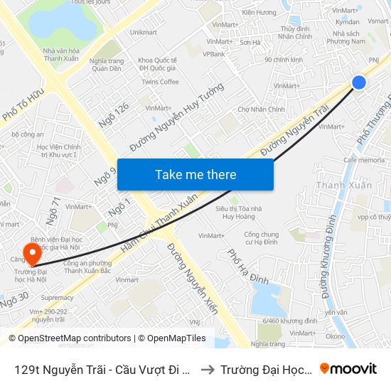 129t Nguyễn Trãi - Cầu Vượt Đi Bộ Royal City to Trường Đại Học Hà Nội map