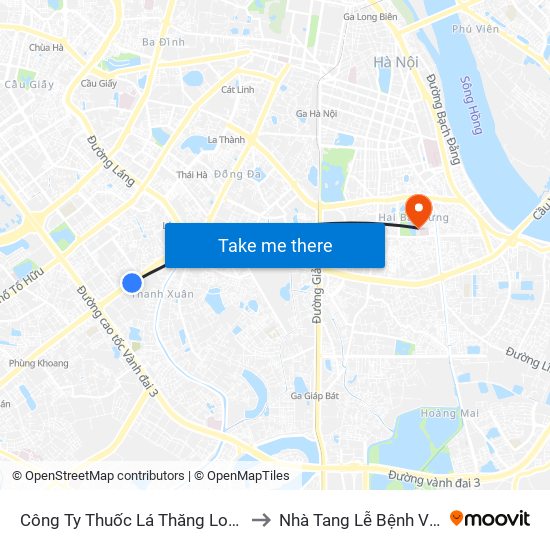 Công Ty Thuốc Lá Thăng Long - 235 Nguyễn Trãi to Nhà Tang Lễ Bệnh Viện Thanh Nhàn map