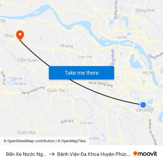 Bến Xe Nước Ngầm to Bệnh Viện Đa Khoa Huyện Phúc Thọ map