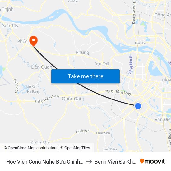 Học Viện Công Nghệ Bưu Chính Viễn Thông - Trần Phú (Hà Đông) to Bệnh Viện Đa Khoa Huyện Phúc Thọ map