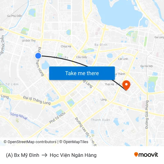 (A) Bx Mỹ Đình to Học Viện Ngân Hàng map