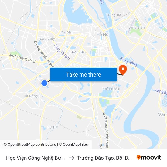 Học Viện Công Nghệ Bưu Chính Viễn Thông - Trần Phú (Hà Đông) to Trường Đào Tạo, Bồi Dưỡng Cán Bộ Công Thương Trung Ương map