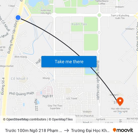 Trước 100m Ngõ 218 Phạm Văn Đồng (Đối Diện Công Viên Hòa Bình) to Trường Đại Học Khoa Học Và Công Nghệ Hà Nội map
