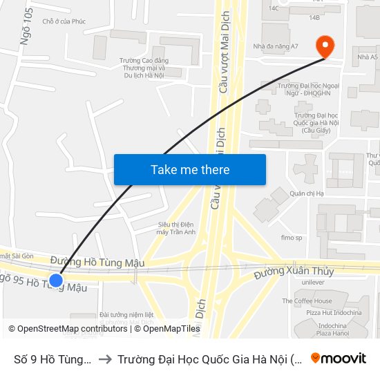 Số 9 Hồ Tùng Mậu to Trường Đại Học Quốc Gia Hà Nội (Cầu Giấy) map