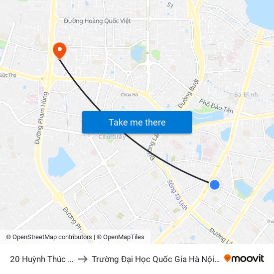 20 Huỳnh Thúc Kháng to Trường Đại Học Quốc Gia Hà Nội (Cầu Giấy) map