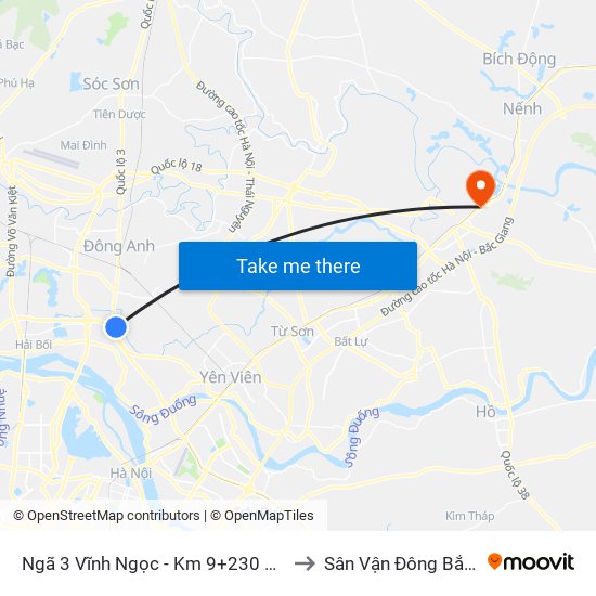 Ngã 3 Vĩnh Ngọc - Km 9+230 Quốc Lộ 3 to Sân Vận Đông Bắc Ninh map