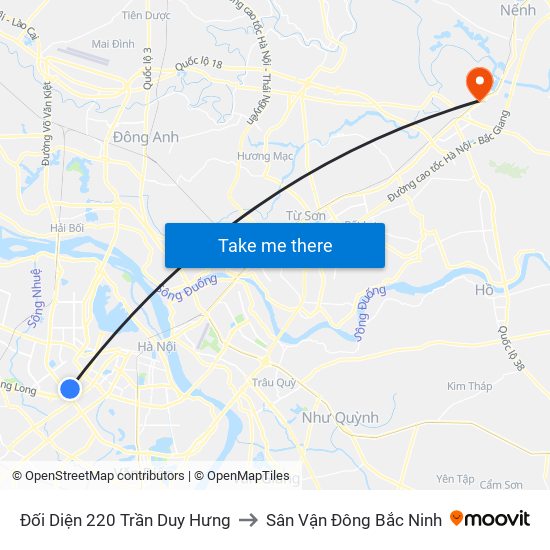 Đối Diện 220 Trần Duy Hưng to Sân Vận Đông Bắc Ninh map