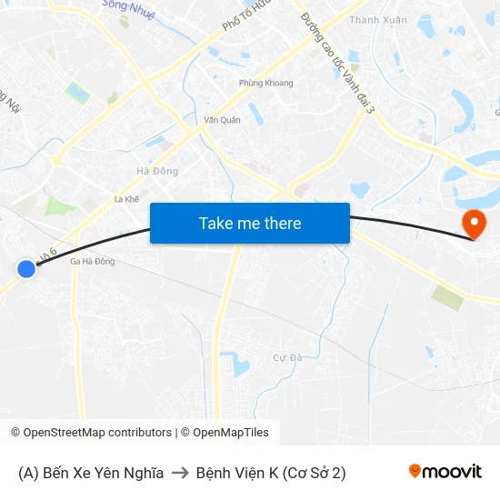 (A) Bến Xe Yên Nghĩa to Bệnh Viện K (Cơ Sở 2) map