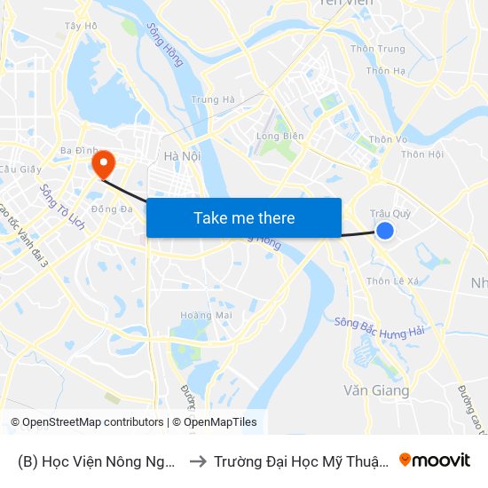 (B) Học Viện Nông Nghiệp Việt Nam to Trường Đại Học Mỹ Thuật Công Nghiệp map