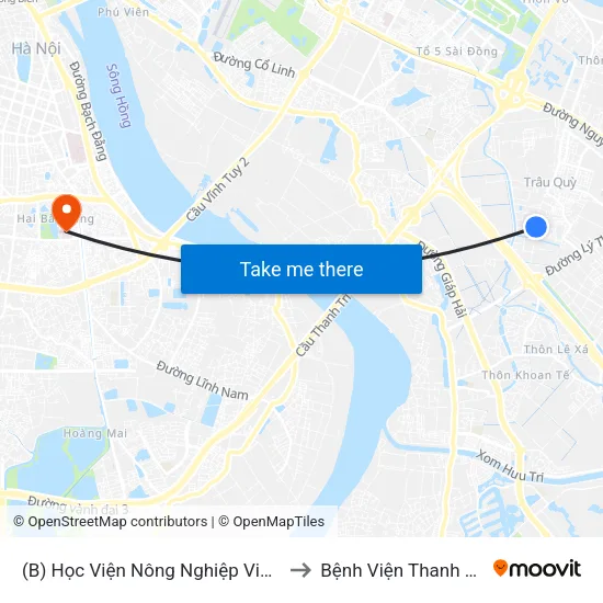 (B) Học Viện Nông Nghiệp Việt Nam to Bệnh Viện Thanh Nhàn map