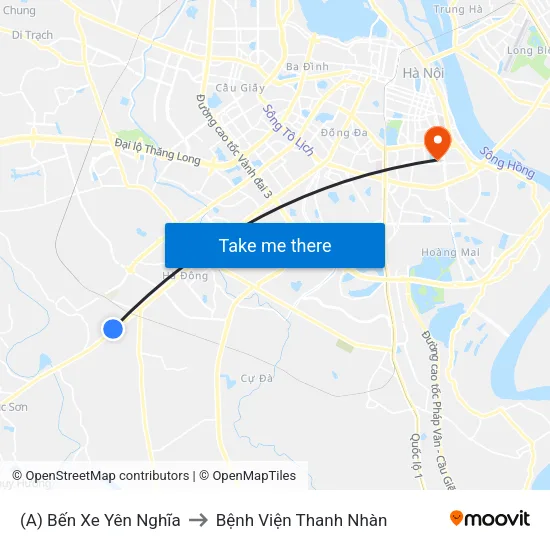 (A) Bến Xe Yên Nghĩa to Bệnh Viện Thanh Nhàn map