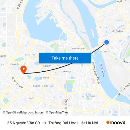 135 Nguyễn Văn Cừ to Trường Đại Học Luật Hà Nội map