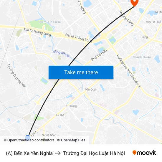 (A) Bến Xe Yên Nghĩa to Trường Đại Học Luật Hà Nội map