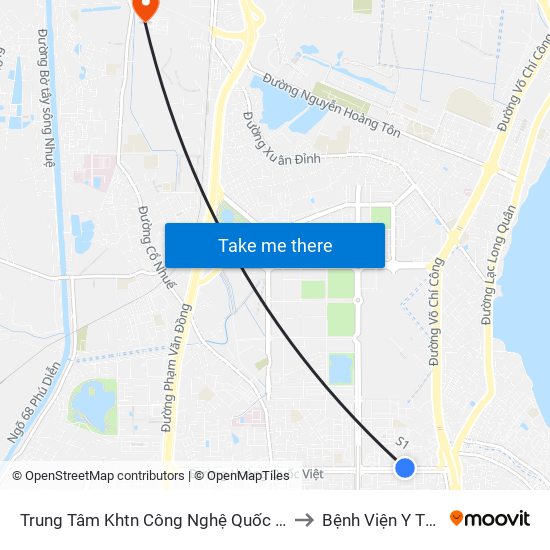 Trung Tâm Khtn Công Nghệ Quốc Gia - 18 Hoàng Quốc Việt to Bệnh Viện Y Tế Công Cộng map