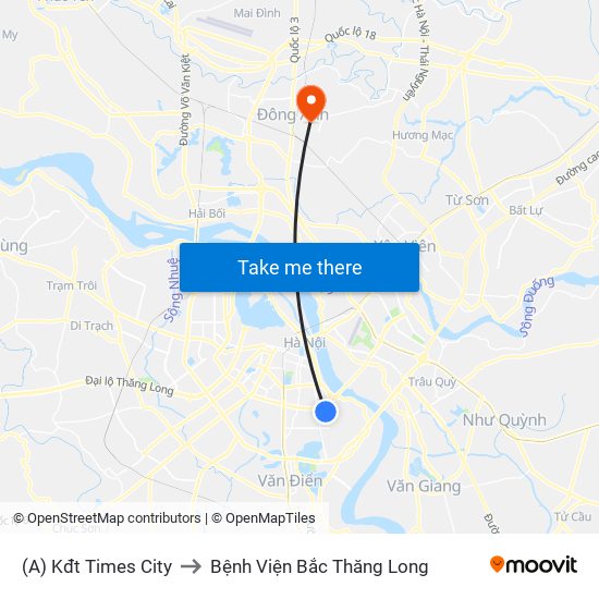 (A) Kđt Times City to Bệnh Viện Bắc Thăng Long map