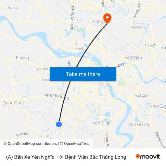 (A) Bến Xe Yên Nghĩa to Bệnh Viện Bắc Thăng Long map