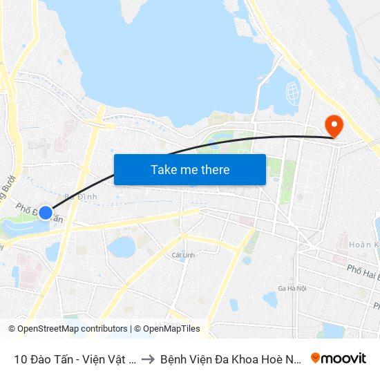 10 Đào Tấn - Viện Vật Lý to Bệnh Viện Đa Khoa Hoè Nhai map