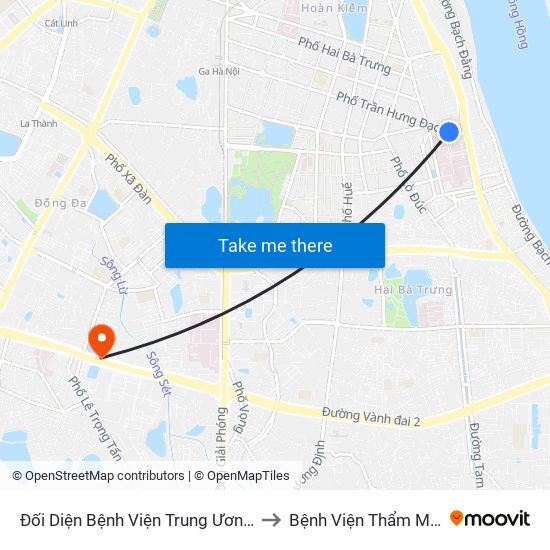 Đối Diện Bệnh Viện Trung Ương Quân Đội 108 - Trần Hưng Đạo to Bệnh Viện Thẩm Mỹ Kangnam Hàn Quốc map