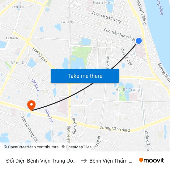 Đối Diện Bệnh Viện Trung Ương Quân Đội 108 - Trần Hưng Đạo to Bệnh Viện Thẩm Mỹ Kangnam Hàn Quốc map