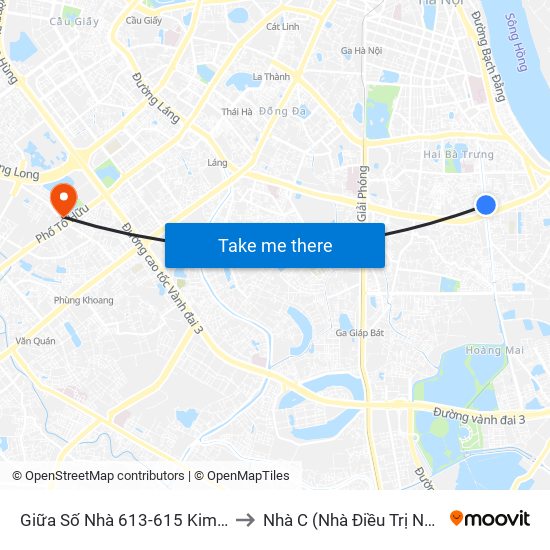 Giữa Số Nhà 613-615 Kim Ngưu to Nhà C (Nhà Điều Trị Nội Trú) map