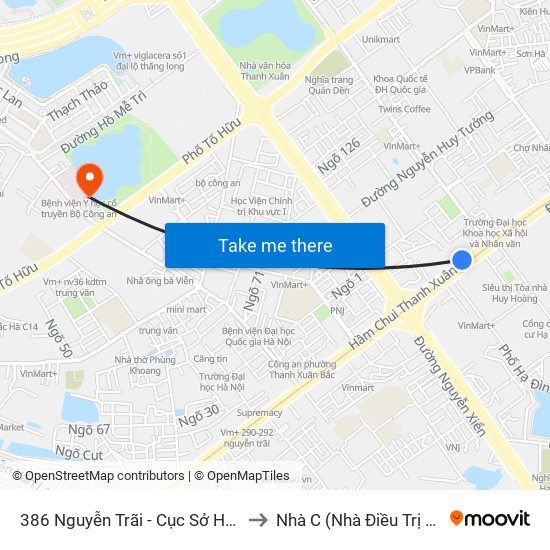 386 Nguyễn Trãi - Cục Sở Hữu Trí Tuệ to Nhà C (Nhà Điều Trị Nội Trú) map