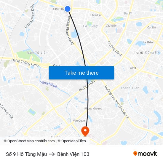Số 9 Hồ Tùng Mậu to Bệnh Viện 103 map