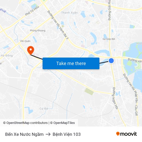 Bến Xe Nước Ngầm to Bệnh Viện 103 map