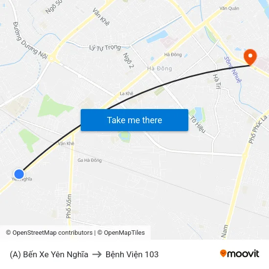 (A) Bến Xe Yên Nghĩa to Bệnh Viện 103 map