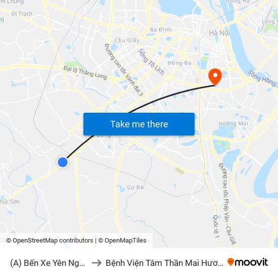 (A) Bến Xe Yên Nghĩa to Bệnh Viện Tâm Thần Mai Hương map