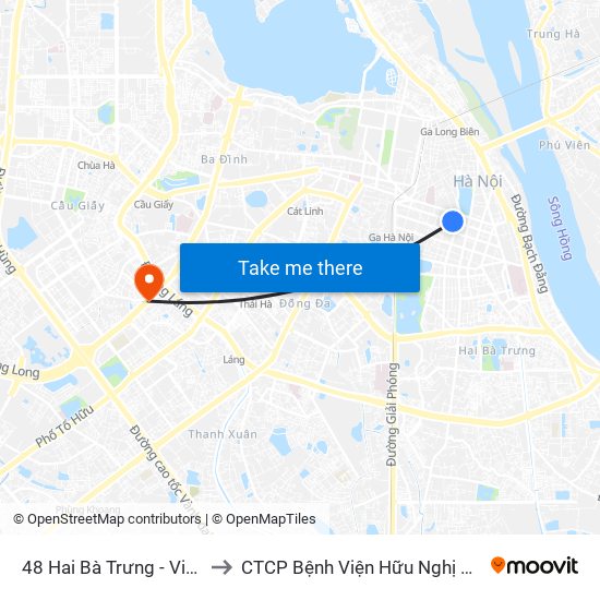 48 Hai Bà Trưng - Viện Kiểm Nghiệm Thuốc Trung Ương to CTCP Bệnh Viện Hữu Nghị Quốc Tế Hà Nội Viện Thẩm Mỹ Quốc Tế DR.Han map